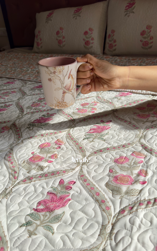 Pink Periwinkle Handblock Bedsheet + Quilted Bedcover Combo