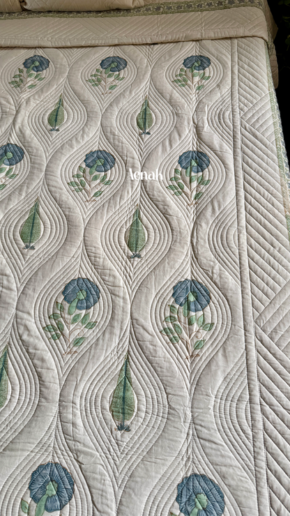 Beige Embossed Handblock Printed Quilted Bedcover (Non-White Base)