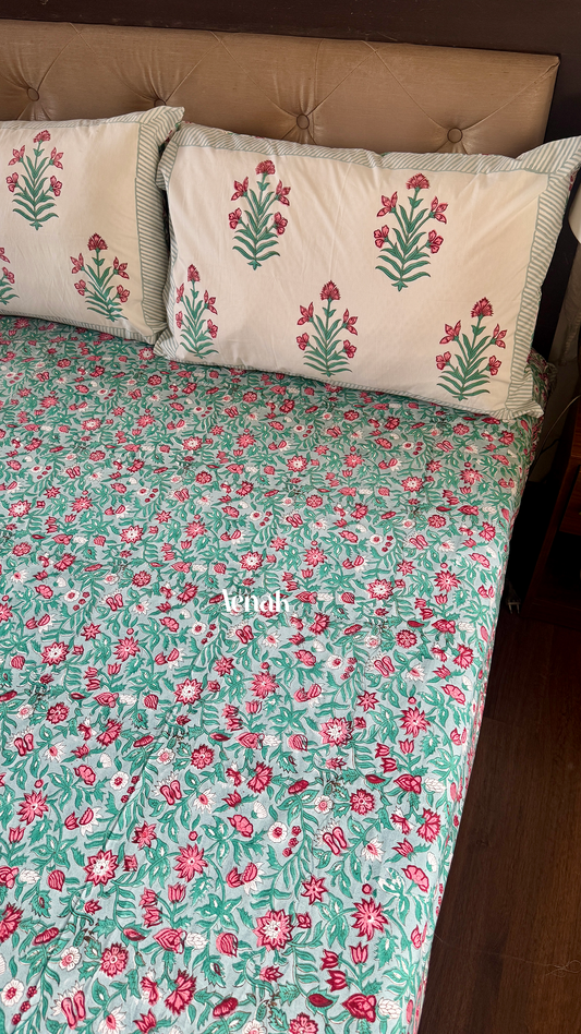 Sage Green Floral Handblock Printed Premium Cotton Bedsheet