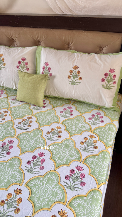 Mint Green & Yellow Handblock Printed Premium Cotton Bedsheet