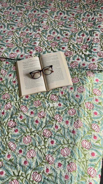 Red Anaar Handblock Bedsheet + Quilt Combo
