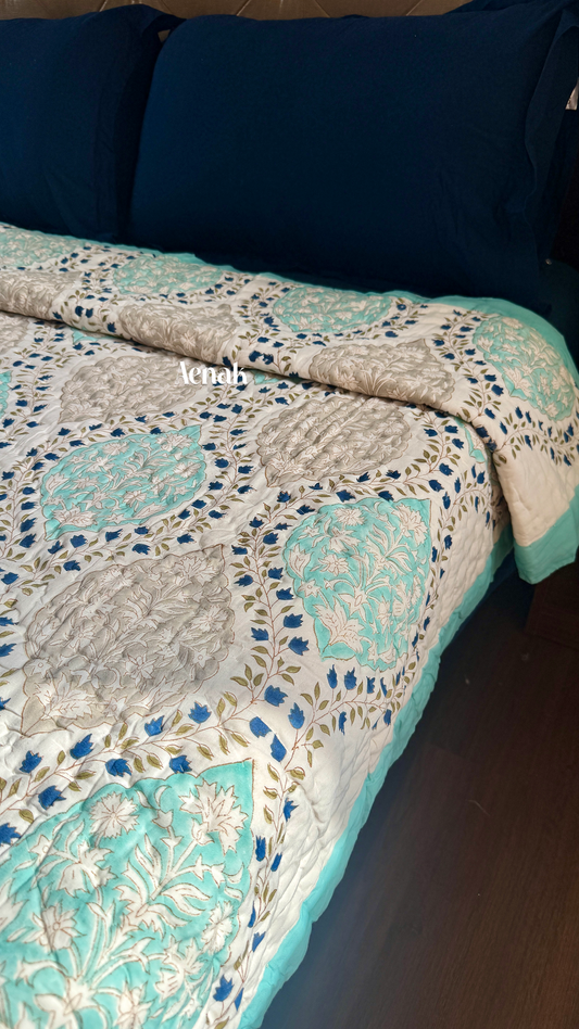 Blue Jaal Handblock Printed Reversible Mulmul Cotton Quilt