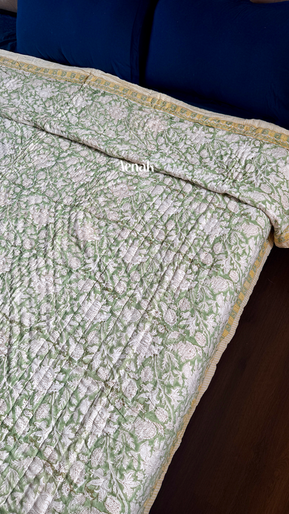 Green Gadd Handblock Printe Reversible Mulmul Cotton Quilt