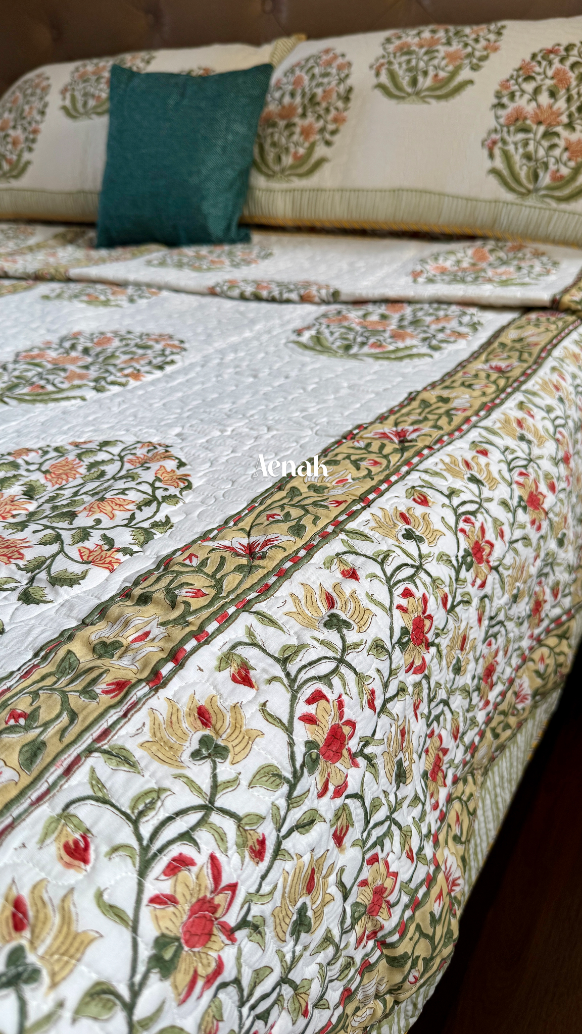 Yellow Phool Boota Handblock Printed Reversible Quilted Bedcover