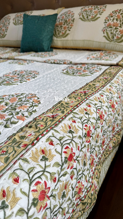 Yellow Phool Boota Handblock Printed Reversible Quilted Bedcover