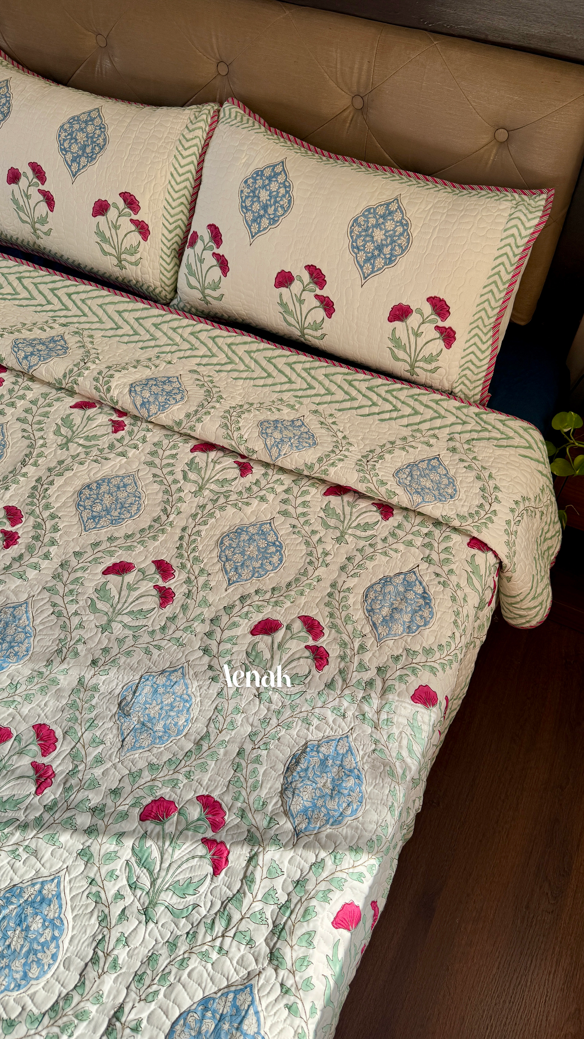 Pink Poppy Handblock Printed Reversible Quilted Bedcover (105x108)