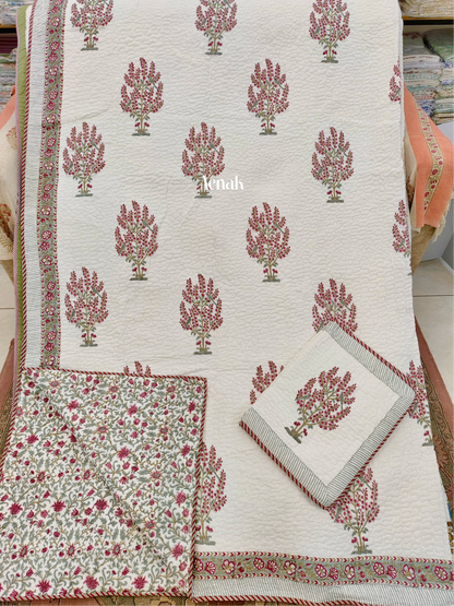 Red Cherry Blossom Handblock Printed Reversible Quilted Bedcover -105 x108
