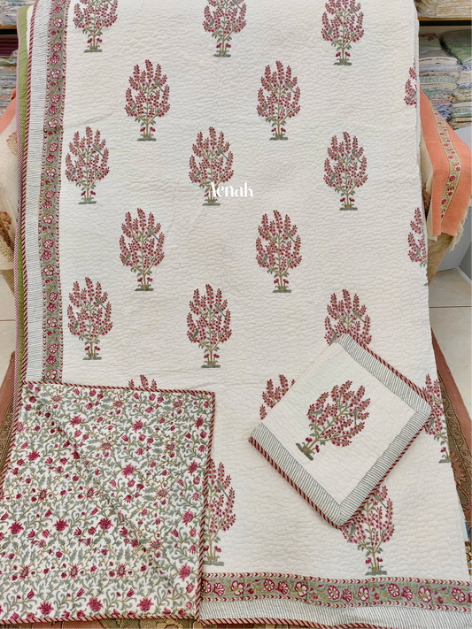 Red Cherry Blossom Handblock Printed Reversible Quilted Bedcover -105 x108