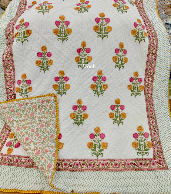 Pink Yellow Floral Boota Handblock Reversible Mulmul Cotton Single Quilt