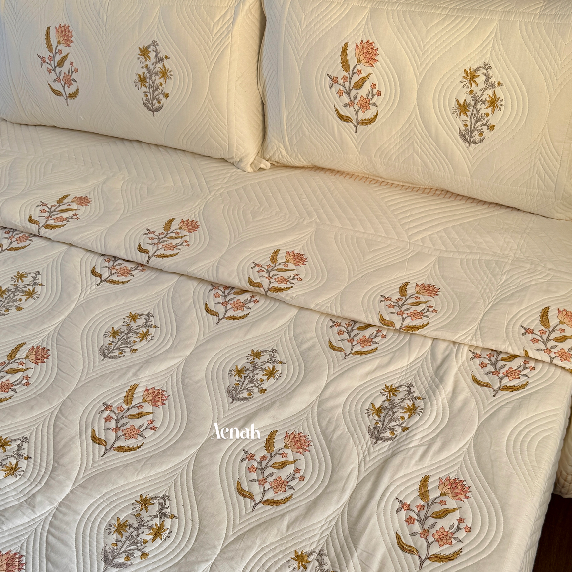 Peach Phool Embossed Handblock Quilted Bedcover Set
