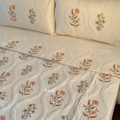 Peach Phool Embossed Handblock Quilted Bedcover Set