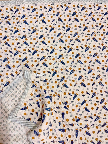 Blue Rocket Handblock Printed Reversible Mulmul Cotton Blanket