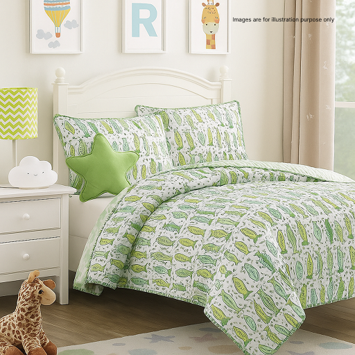 Green Fish Handblock Reversible Mulmul Cotton Kids Blanket Set