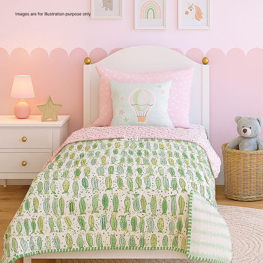 Green Fish Handblock Printed Reversible Mulmul Cotton Blanket