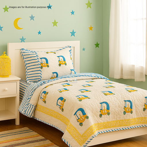 Yellow Auto Handblock Printed Reversible Mulmul Cotton Blanket