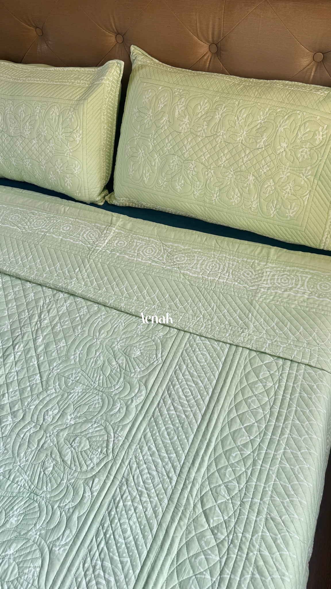 Light Green Embossed Quilted Handblock Printed Bedcover