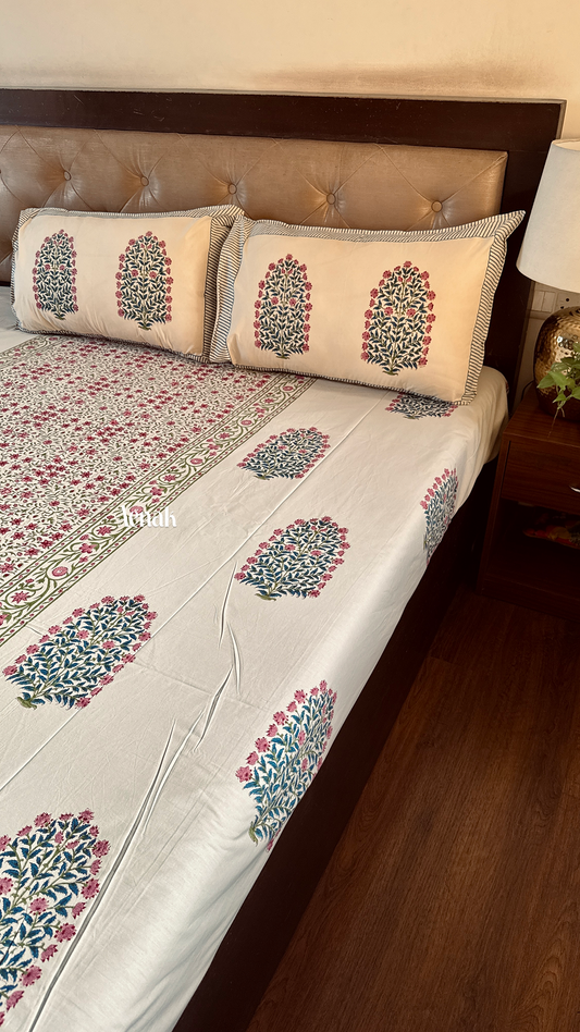 Burgundy & Beige Floral Handblock Printed Premium Cotton Bedsheet Set (Beige Base)
