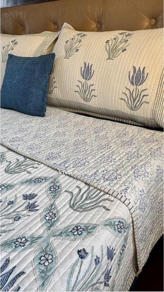 Blue Lotus Handblock Printed Reversible Straight Quilted Bedcover