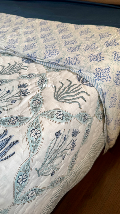 Blue Lotus Handblock Printed Reversible Mulmul Cotton Quilt
