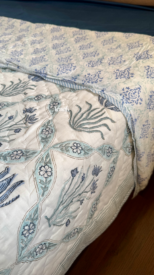 Blue Lotus Handblock Printed Reversible Mulmul Cotton Quilt