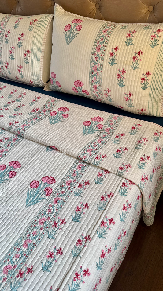 Pink & Sage Blue Floral Handblock Printed Reversible Straight Quilted Bedcover