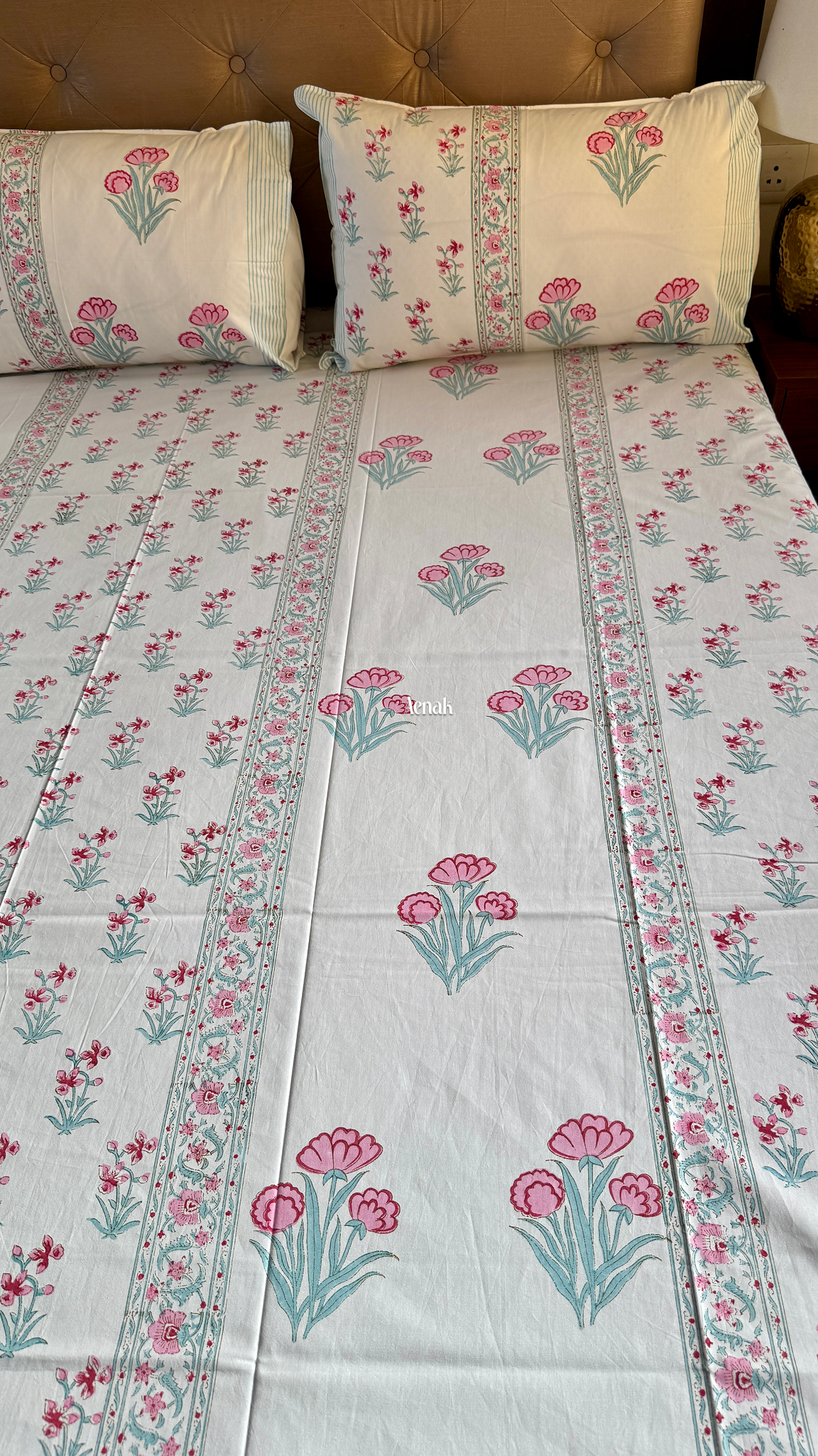 Pink & Sage Blue Handblock Printed Premium Cotton Bedsheet