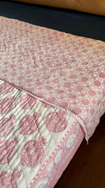 Pink Anaar Handblock Printed Reversible Mulmul Cotton Quilt