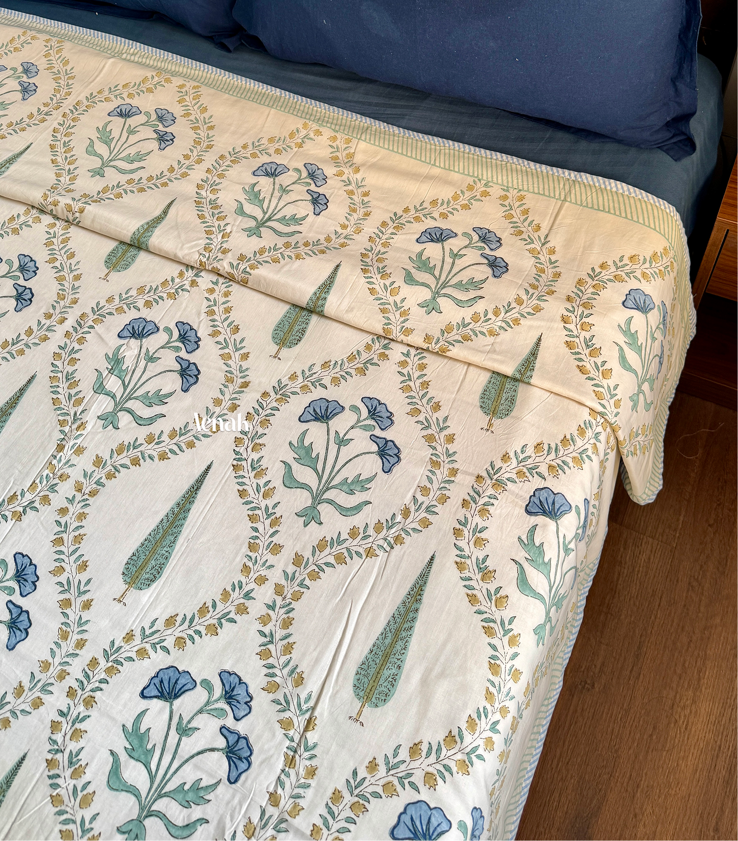 Blue Poppy Handblock Bedsheet + Dohar Combo (Beige Base)