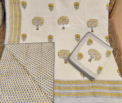 Yellow Bodhi Tree Handblock Printed Reversible Quilted Bedcover -105 x108