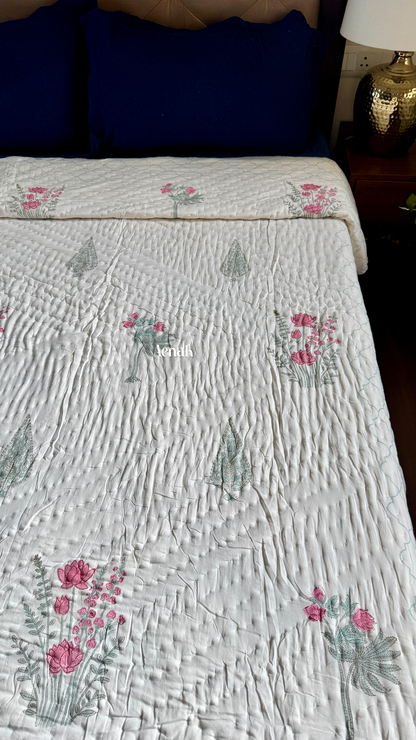 Green Ashoka Handblock Printed Reversible Mulmul Cotton Quilt