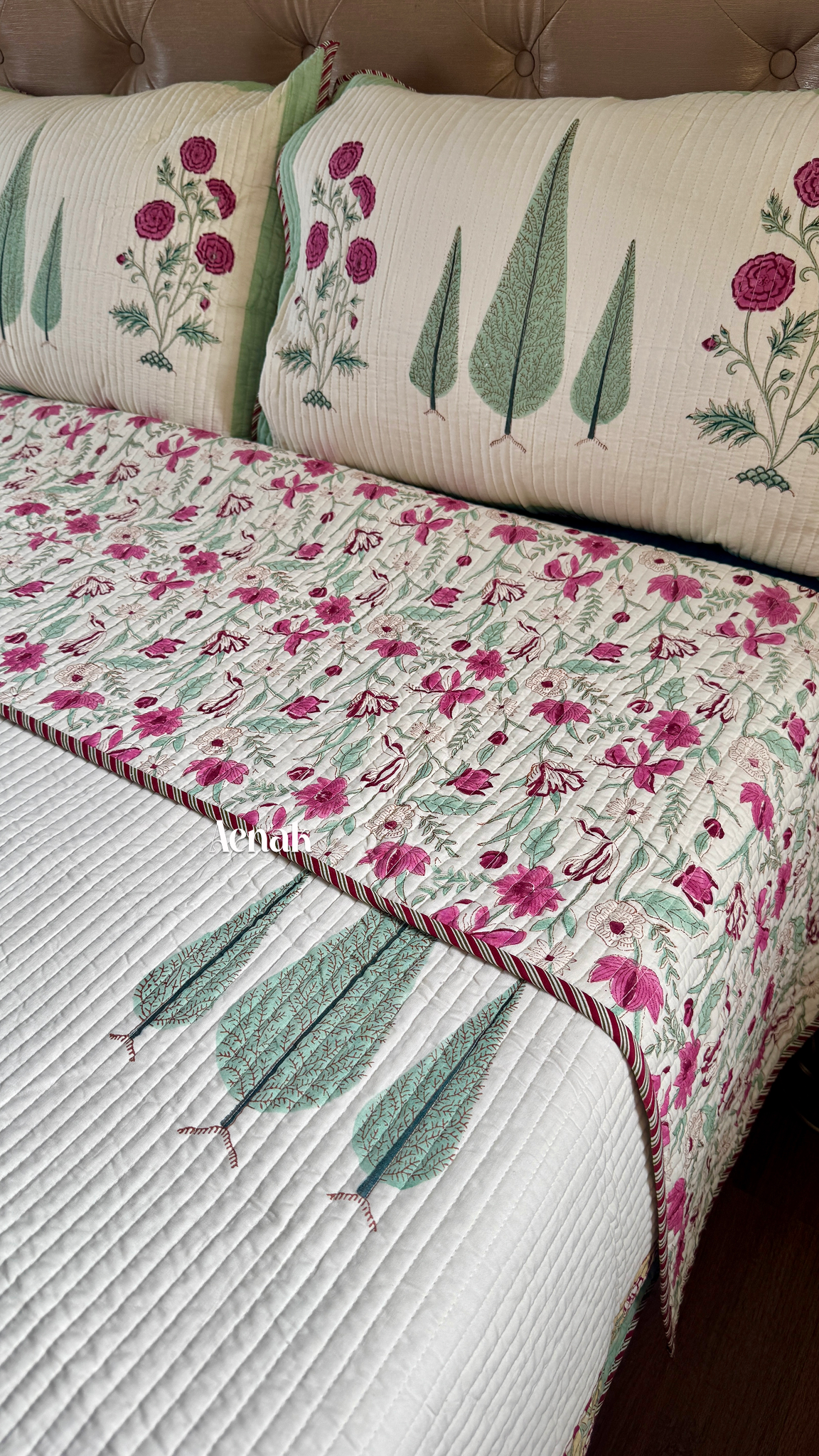 Magenta Floral Garden Handblock Printed Reversible Quilted Bedcover (Ivory Base)