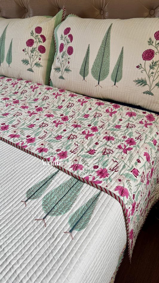 Magenta Floral Garden Handblock Printed Reversible Quilted Bedcover (Ivory Base)
