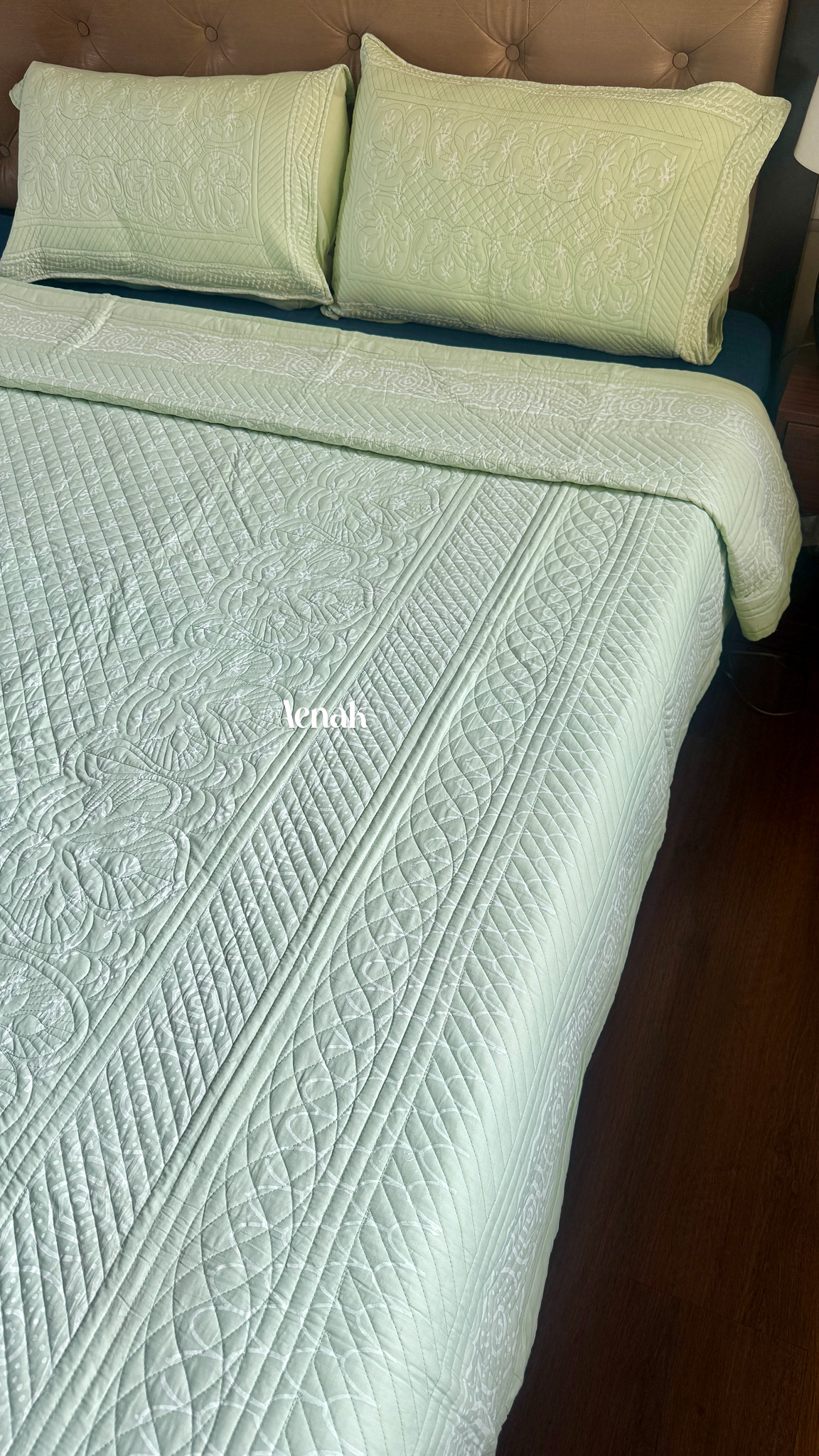 Light Green Embossed Quilted Handblock Printed Bedcover