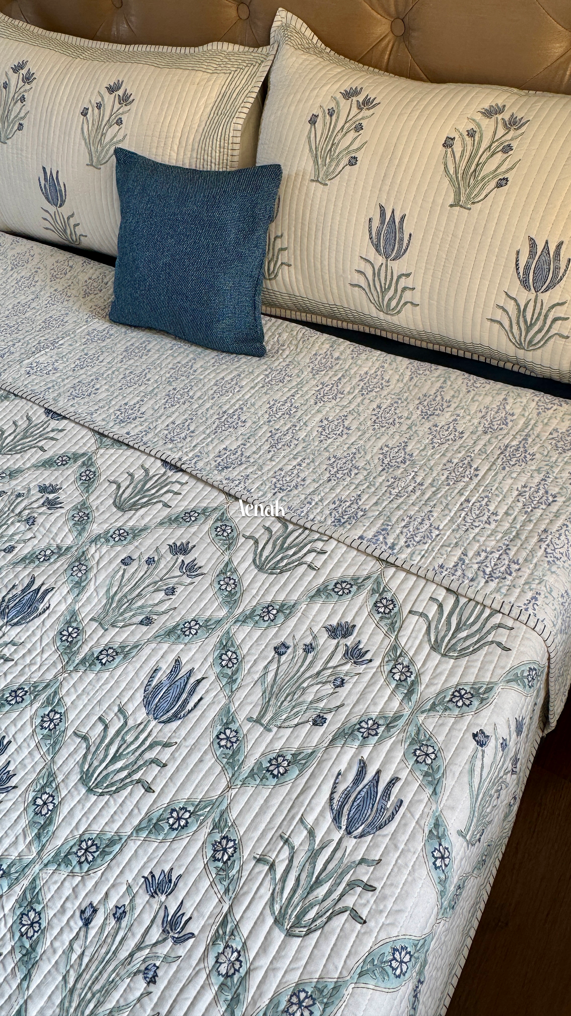 Blue Lotus Handblock Printed Reversible Straight Quilted Bedcover