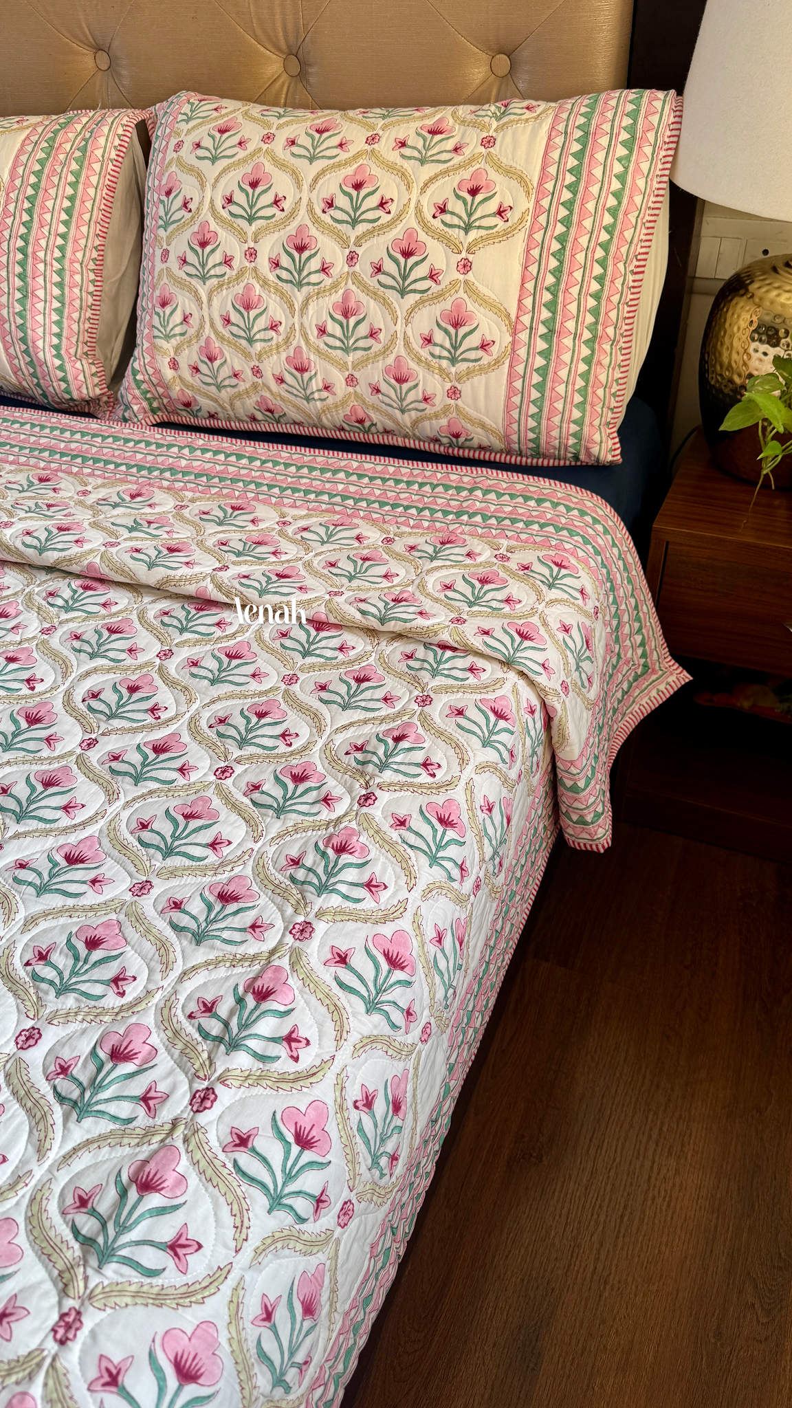 Pink & Green Cotton Bud Handblock Printed Reversible Quilted Bedcover