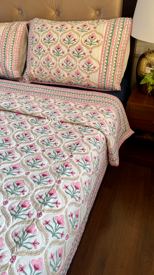 Pink & Green Cotton Bud Handblock Bedsheet + Quilted Bedcover Combo Set