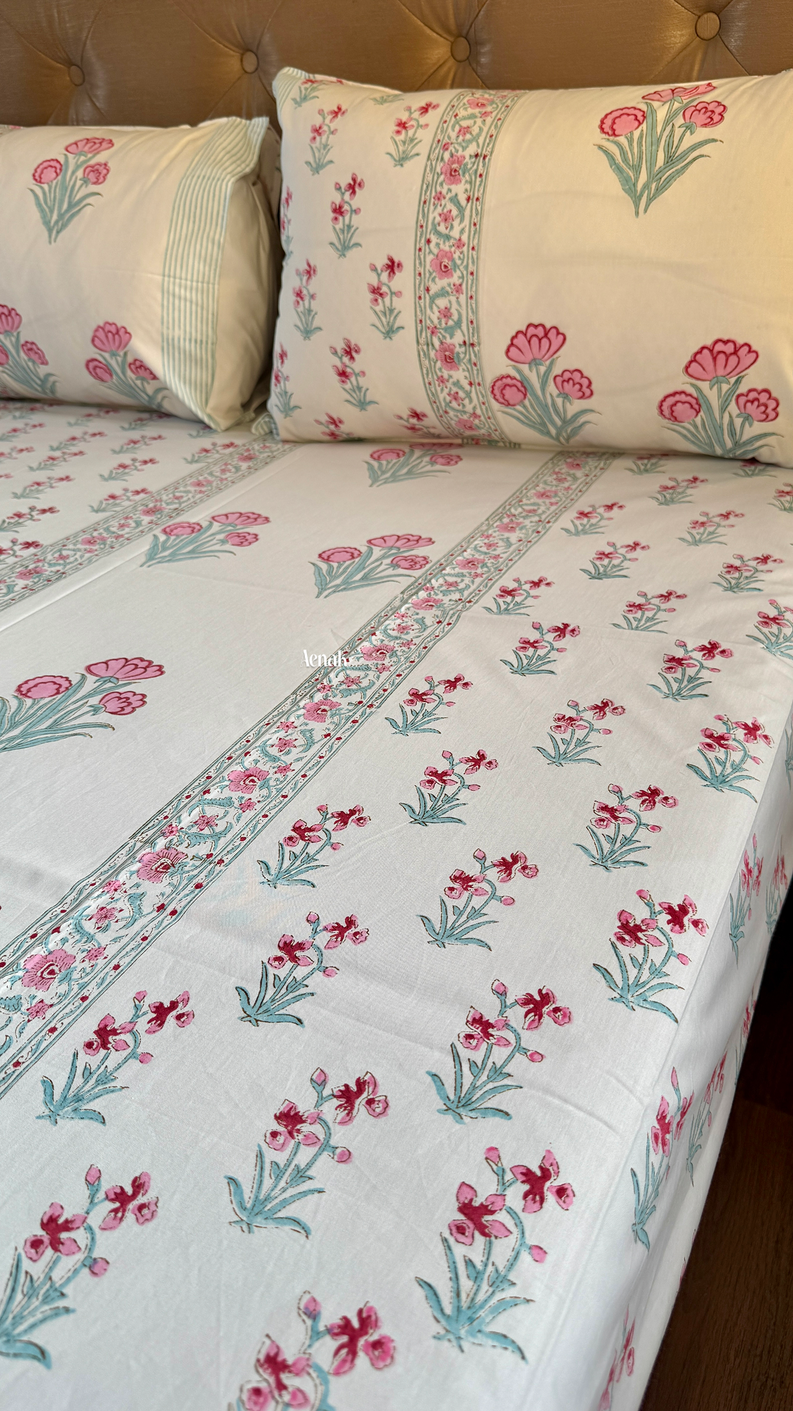Pink & Sage Blue Handblock Printed Premium Cotton Bedsheet