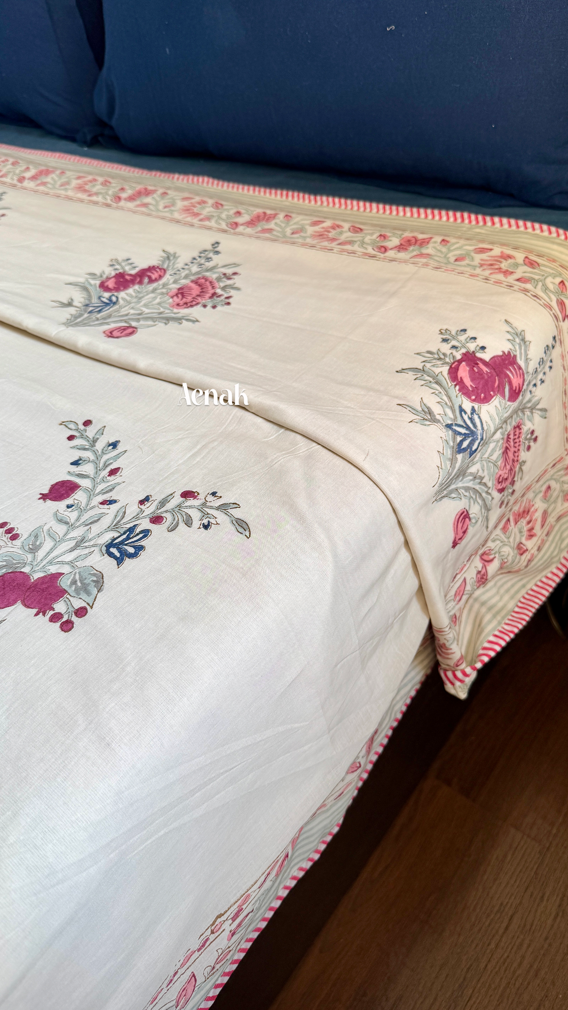 Burgundy Anaar Handblock Printed Mulmul Cotton Reversible Dohar (Beige Base)