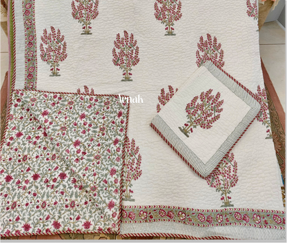 Red Cherry Blossom Handblock Printed Reversible Quilted Bedcover -105 x108