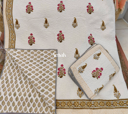 Pink & Brown Floral Handblock Printed Reversible Quilted Cotton Bedcover- 105x108