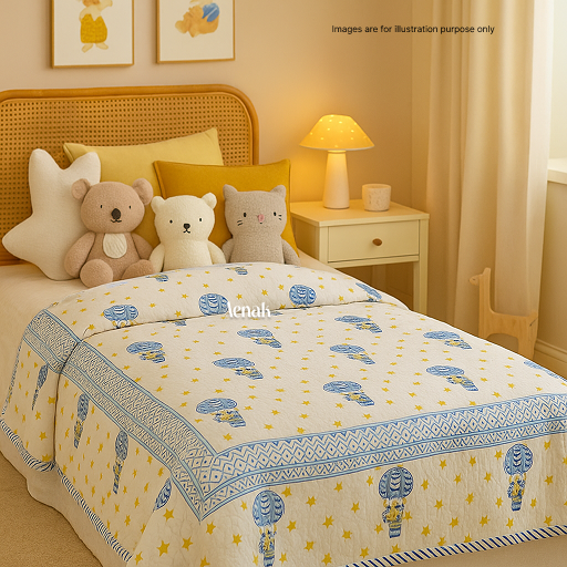 Blue Balloon Handblock Printed Reversible Mulmul Cotton Blanket