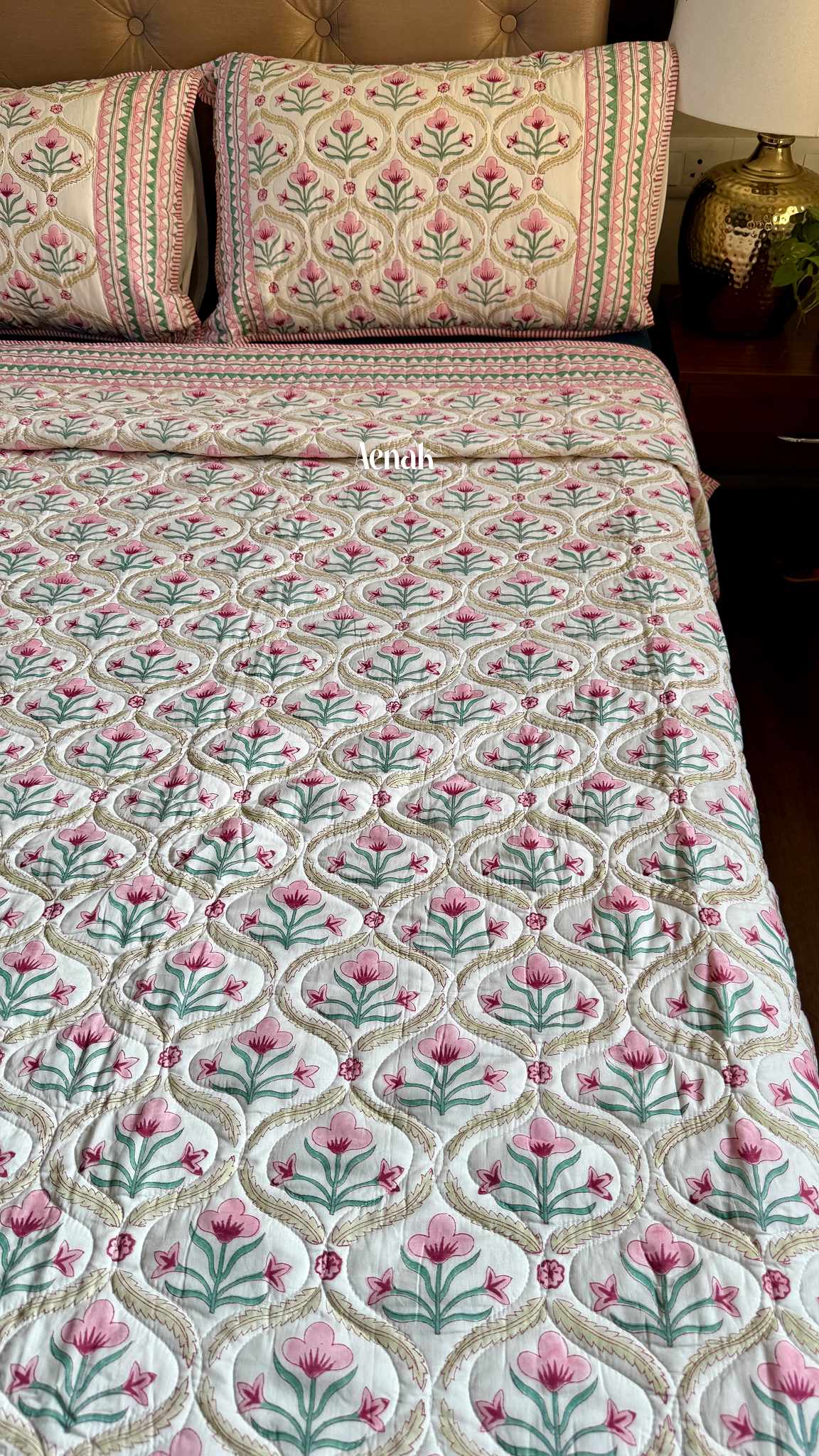 Pink & Green Cotton Bud Handblock Printed Reversible Quilted Bedcover