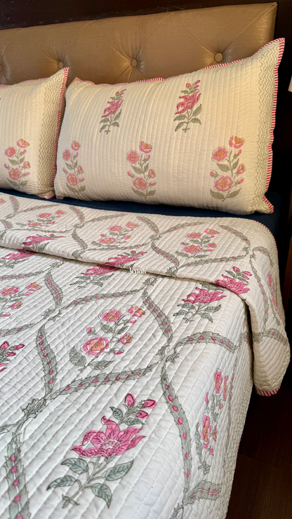 Pink Periwinkle Handblock Printed Reversible Straight Quilted Bedcover