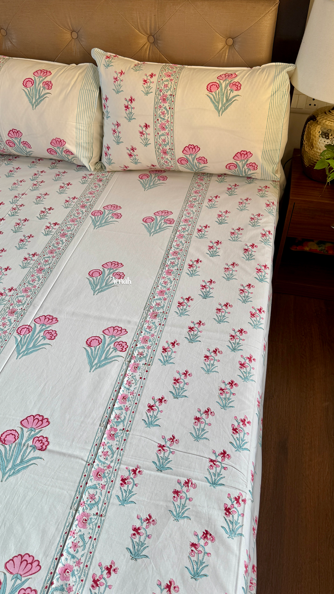 Pink & Sage Blue Handblock Printed Premium Cotton Bedsheet