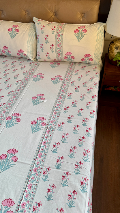 Pink & Sage Blue Handblock Printed Premium Cotton Bedsheet