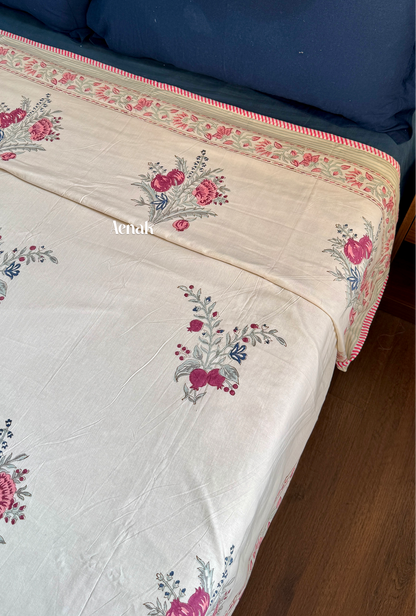 Burgundy Anaar Handblock Printed Mulmul Cotton Reversible Dohar (Beige Base)