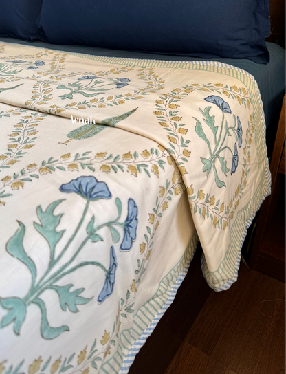 Blue Poppy Handblock Bedsheet + Dohar Combo (Beige Base)