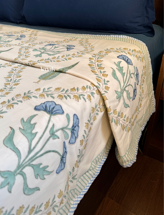 Blue Poppy Jaal Handblock Printed Mulmul Cotton Reversible Dohar (Beige Base)