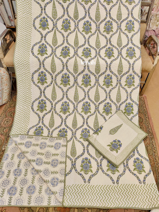 Blue Green Cypress Jaal Handblock Printed Reversible Quilted Cotton Bedcover- 105x108