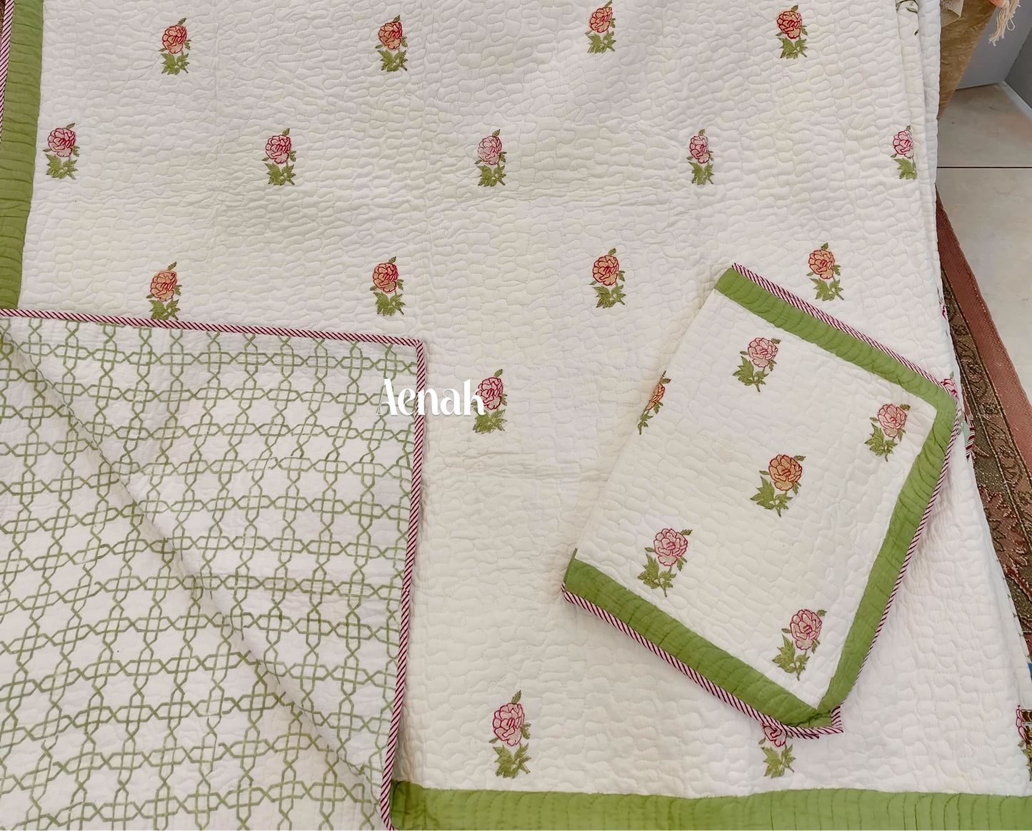 Peach Pink Rose Handblock Printed Reversible Quilted Cotton Bedcover- 105x108